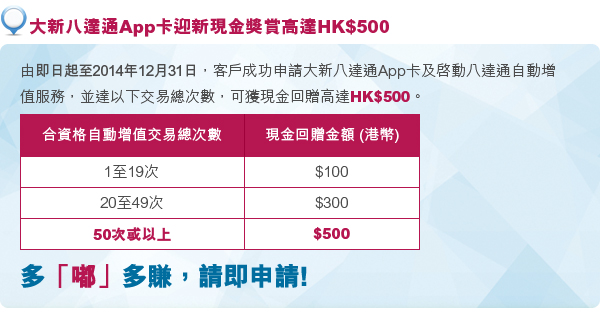 大新八達通App卡迎新現金獎賞高達HK$500