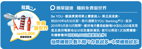 晉身YOU Banking隨時中獎享HK$15,000旅遊現金券免費遊世界