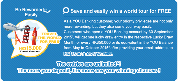 Be YOU Banking Customer, you can easily win HK$15,000 travel voucher to take a world tour for FREE!