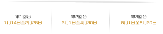 第1回合 1月14日至2月28日   第2回合 3月1日至4月30日   第3回合 5月1日至6月30日