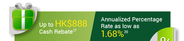 Up to hk$888 Cash Rebate17,18, Annualized Percentage Rate as low as 1.38%20,21