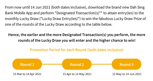 From now until 14 Jun 2021 (both dates inclusive), upgrade to the brand new Dah Sing Bank Mobile App and perform "Designated Transaction(s)"+ to attain entry(ies) to the monthly Lucky Draw ("Lucky Draw Entry(ies)") to win the fabulous Lucky Draw Prize of one of the rounds of the Lucky Draw according to the table below.