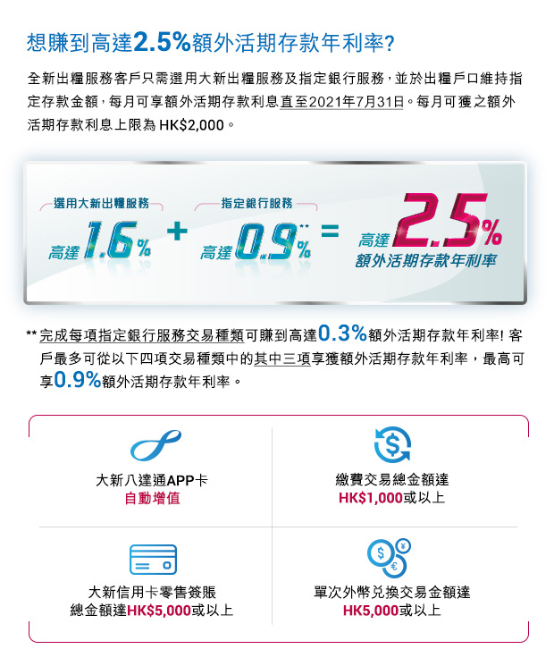 想賺到高達2.5%額外活期存款年利率?
          全新出糧服務客戶只需選用大新出糧服務及指定銀行服務，並於出糧戶口維持指定存款金額每月可享額外活期存款利息直至2021年7月31日。每月可獲之額外活期存款利息上限為HK$2,000。