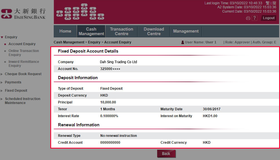 View the account details of the selected account.