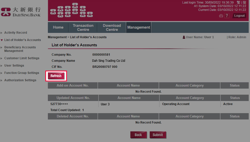 Verify the Account Details of the account which needs to be refreshed. Click Refresh after verification.