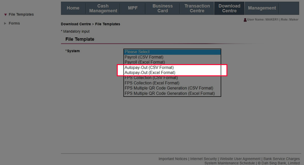 Go to Download Centre. Then select and save the Autopay-Out template file.