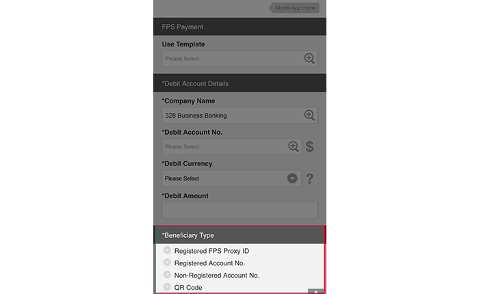 Enter the debit account details. You can select to transfer funds by entering registered FPS Proxy ID, registered account number, non-registered account number or by scanning QR code.