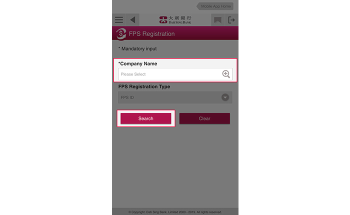Select a company to check the corresponding FPS registration records and / or register for FPS and tap Search.