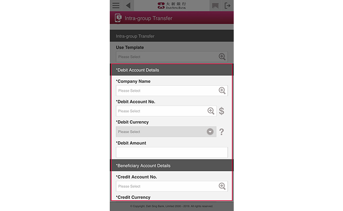 Enter the debit account details, beneficiary account details, transfer amount and other information. You may set up an instant, scheduled or monthly instruction. After entering all the details, tap Submit.