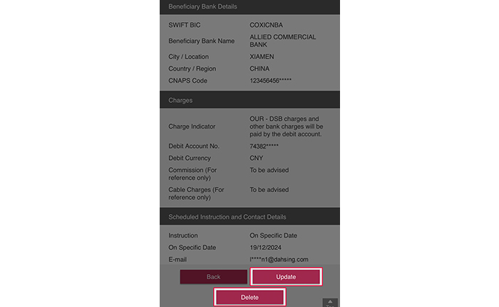 You can tap Update to update the scheduled date or tap Delete to delete the selected scheduled instruction.