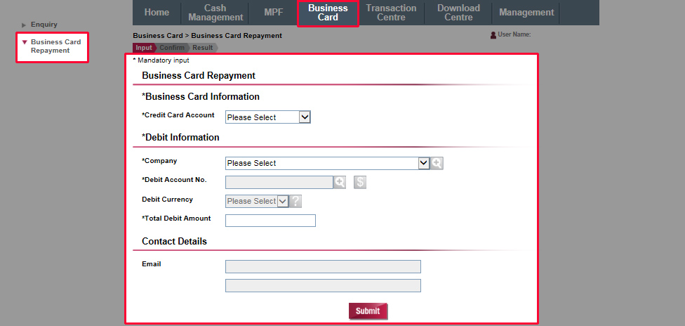 Select Business Card > Business Card Repayment.