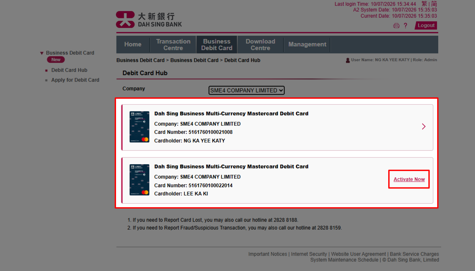 Activate Debit Card (Via 328 Business e-Banking)