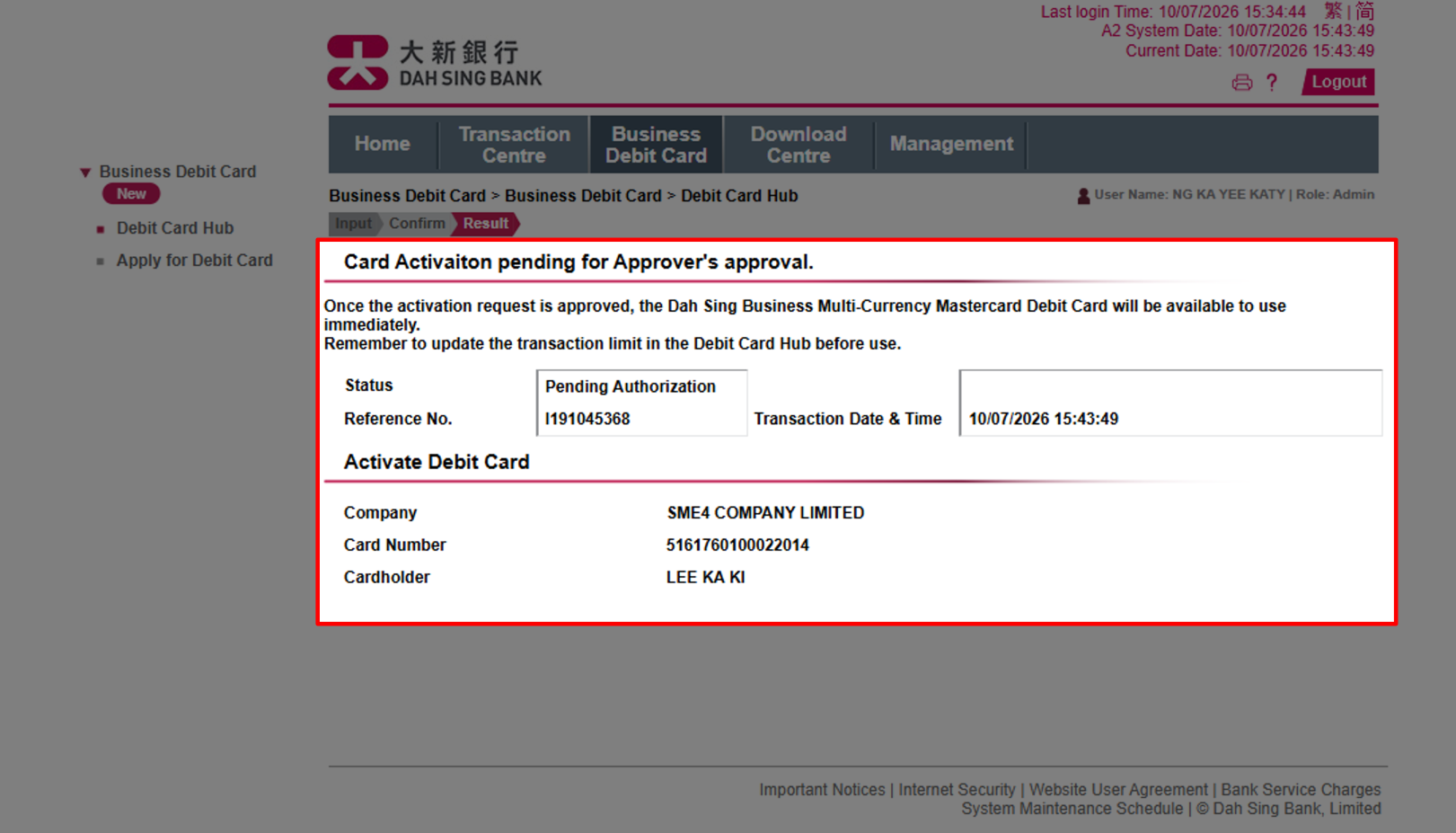 Activate Debit Card (Via 328 Business e-Banking)