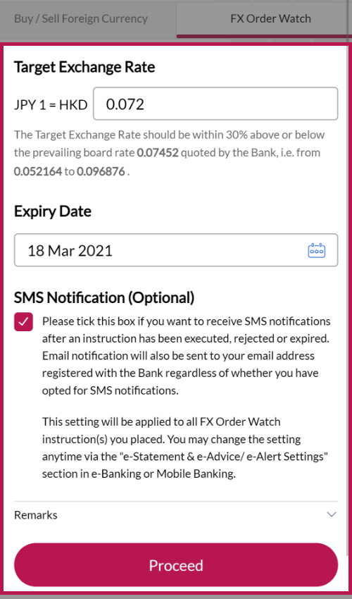 Amend Target Exchange Rate and/or Expiry Date (if needed) to proceed. 