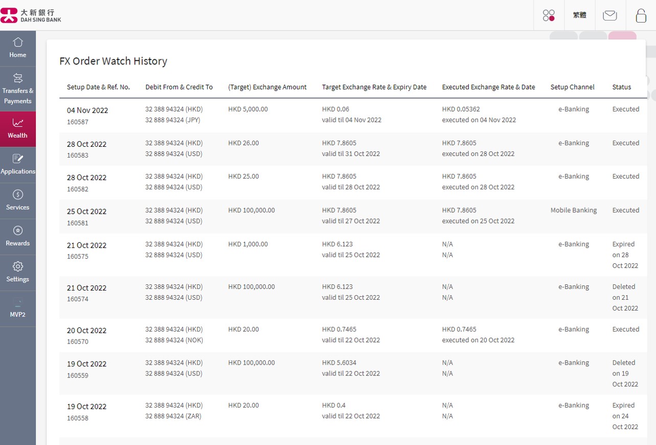 Check your transaction records via FX Order Watch History.