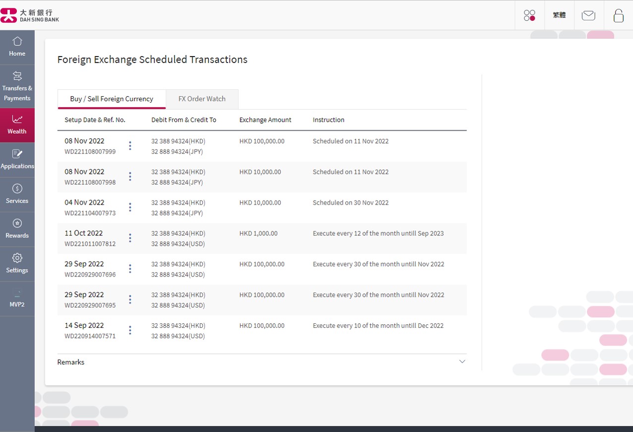 Check your outstanding order under Buy / Sell Foreign Currency tab via Foreign Exchange Scheduled Transactions.