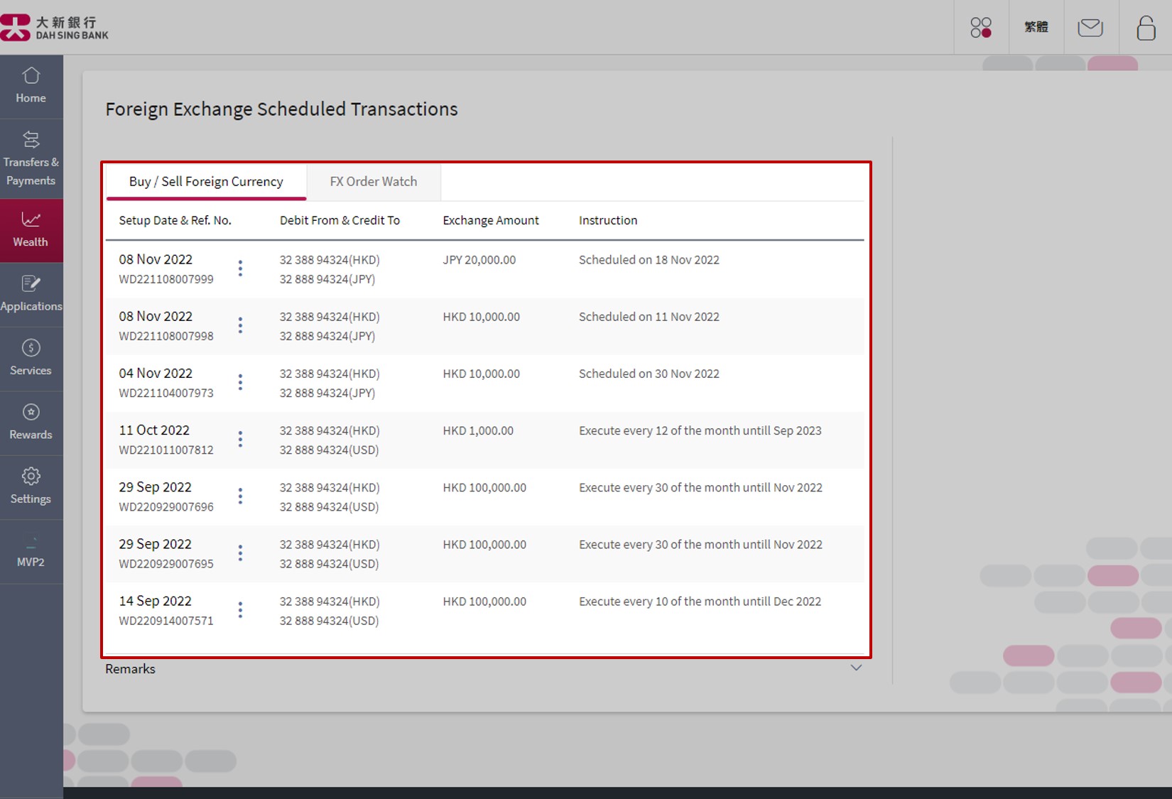 Select the instruction to amend under Buy / Sell Foreign Currency tab.